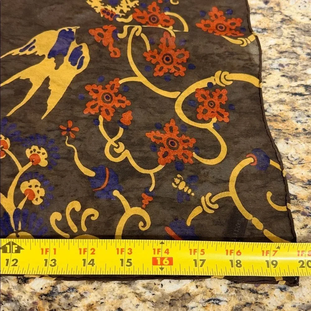ZazouLuxe 100% Silk Bird & Floral Scroll Print Square Scarf 19.8 x 20.5